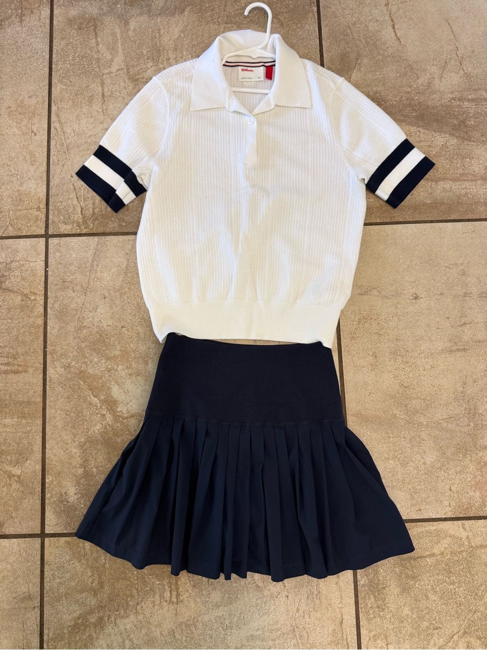 Wilson White Polo with Navy Stripe Sleeves & Navy Midtown Tennis Skirt